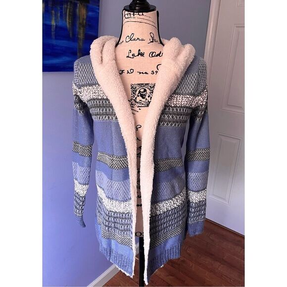 Lety & Me Women’s S Zola Sherpa Trimmed Striped Hooded Cardigan Sweater Blue & G - Picture 1 of 9
